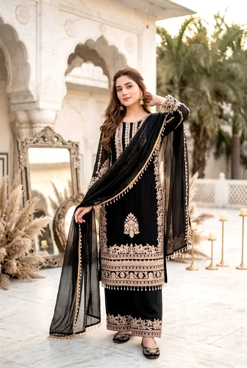 ST 247 Black | Black Faux Georgette Salwar Suit with Lace Work. Introductory Price ₹2449. Delivery 4-6 Working Days. Shop now. | Jump Suits, Salwar suit, Designer Suits, Casual Suits, Creative suits, Palazzo Suits, Party Wear Suits, Patiala Suits, Straight Suits
