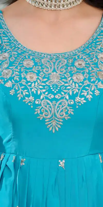 SP 08 Blue Color American Silk Gown with Designer Work. Exclusive Offer ₹2149. Delivery 4-6 Working Days. Online Shop now. | Gowns, Bollywood Gowns, Creative Gowns, Designer Gowns, Embroidered Gowns, Party Wear Gowns