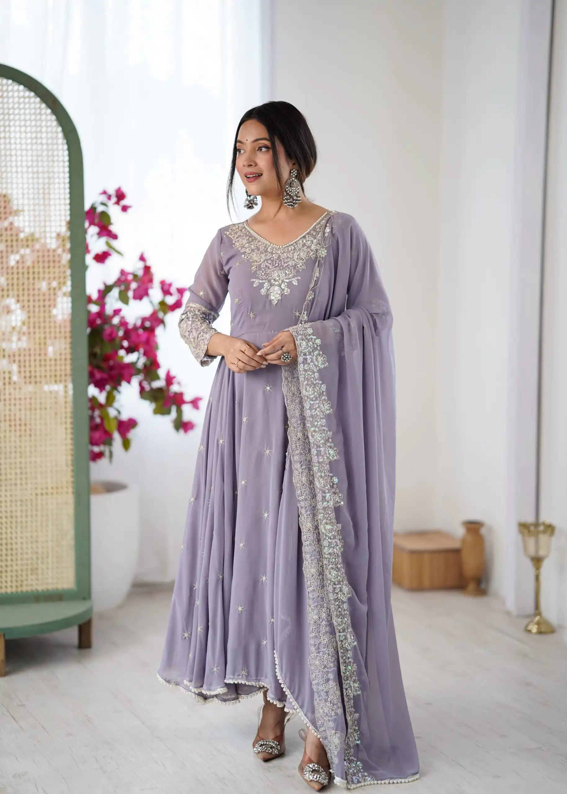 ZF 5012 Lavender Blooming Faux Gown with Embroidery Work. Wedding, Party, Festive, Events Grab it for ₹2149. Delivery 4-6 Working Days. Shop now. | Anarkali Suits, Bollywood Anarkali, Creative-Anarkali, Designer Anarkali, Embroidered Anarkali, Party Wear Anarkali