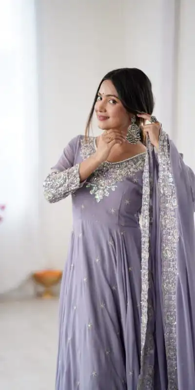 ZF 5012 Lavender Blooming Faux Gown with Embroidery Work. Wedding, Party, Festive, Events Grab it for ₹2149. Delivery 4-6 Working Days. Shop now. | Anarkali Suits, Bollywood Anarkali, Creative-Anarkali, Designer Anarkali, Embroidered Anarkali, Party Wear Anarkali