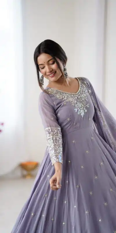 ZF 5012 Lavender Blooming Faux Gown with Embroidery Work. Wedding, Party, Festive, Events Grab it for ₹2149. Delivery 4-6 Working Days. Shop now. | Anarkali Suits, Bollywood Anarkali, Creative-Anarkali, Designer Anarkali, Embroidered Anarkali, Party Wear Anarkali