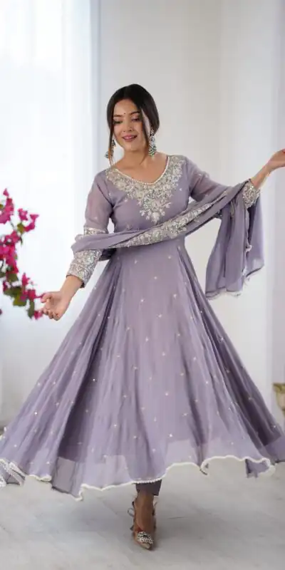ZF 5012 Lavender Blooming Faux Gown with Embroidery Work. Wedding, Party, Festive, Events Grab it for ₹2149. Delivery 4-6 Working Days. Shop now. | Anarkali Suits, Bollywood Anarkali, Creative-Anarkali, Designer Anarkali, Embroidered Anarkali, Party Wear Anarkali