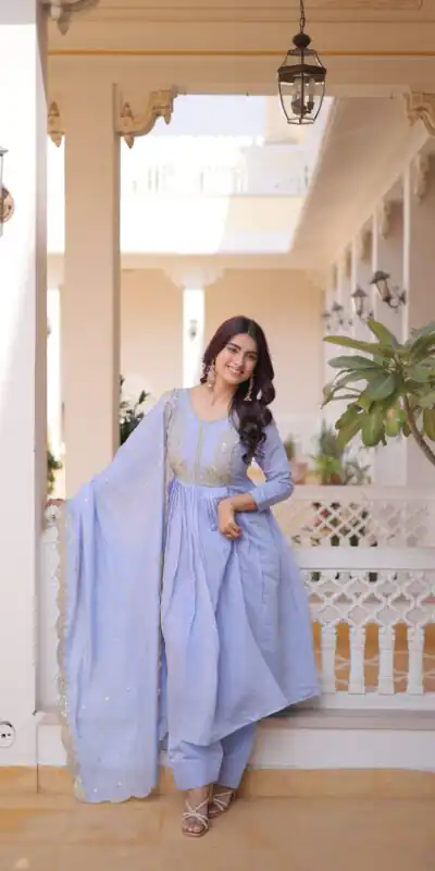 KA 1241 Lavender Roman Silk Gown. Perfect for Wedding, Party, Traditional Day, Sangeet, Pongal – Exclusive Offer ₹2599. Delivery 4-6 Working Days. Shop now | Gowns, Bollywood Gowns, Creative Gowns, Designer Gowns, Embroidered Gowns, Party Wear Gowns