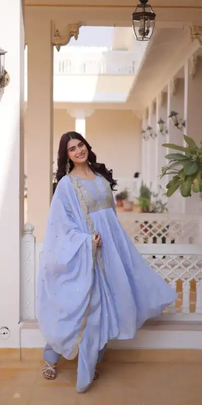 KA 1241 Lavender Roman Silk Gown. Perfect for Wedding, Party, Traditional Day, Sangeet, Pongal – Exclusive Offer ₹2599. Delivery 4-6 Working Days. Shop now | Gowns, Bollywood Gowns, Creative Gowns, Designer Gowns, Embroidered Gowns, Party Wear Gowns