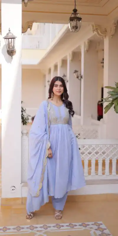 KA 1241 Lavender Roman Silk Gown. Perfect for Wedding, Party, Traditional Day, Sangeet, Pongal – Exclusive Offer ₹2599. Delivery 4-6 Working Days. Shop now | Gowns, Bollywood Gowns, Creative Gowns, Designer Gowns, Embroidered Gowns, Party Wear Gowns