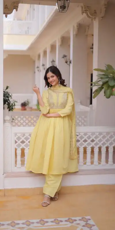 KA 1241 Lemon Yellow Roman Silk Gown. Perfect for Wedding, Party, Traditional Day, Sangeet, – Exclusive Offer ₹2599. Delivery 4-6 Working Days. Shop now | Gowns, Bollywood Gowns, Creative Gowns, Designer Gowns, Embroidered Gowns, Party Wear Gowns