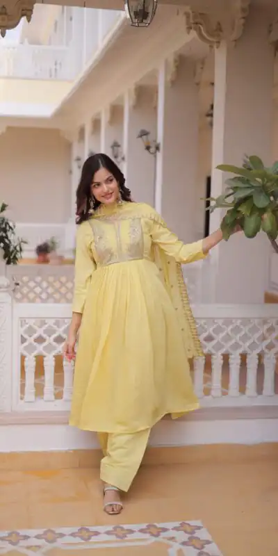 KA 1241 Lemon Yellow Roman Silk Gown. Perfect for Wedding, Party, Traditional Day, Sangeet, – Exclusive Offer ₹2599. Delivery 4-6 Working Days. Shop now | Gowns, Bollywood Gowns, Creative Gowns, Designer Gowns, Embroidered Gowns, Party Wear Gowns