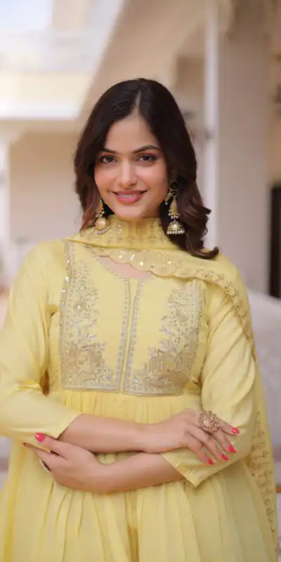 KA 1241 Lemon Yellow Roman Silk Gown. Perfect for Wedding, Party, Traditional Day, Sangeet, – Exclusive Offer ₹2599. Delivery 4-6 Working Days. Shop now | Gowns, Bollywood Gowns, Creative Gowns, Designer Gowns, Embroidered Gowns, Party Wear Gowns