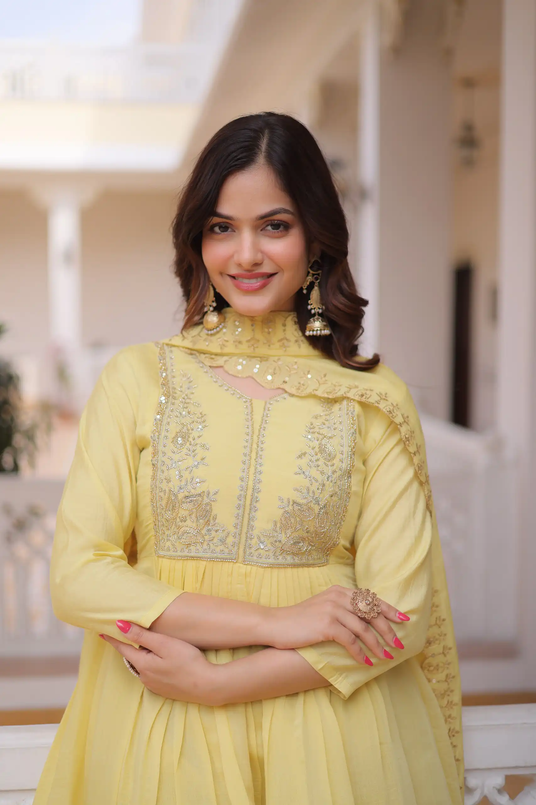 KA 1241 Lemon Yellow Roman Silk Gown. Perfect for Wedding, Party, Traditional Day, Sangeet, – Exclusive Offer ₹2599. Delivery 4-6 Working Days. Shop now | Gowns, Bollywood Gowns, Creative Gowns, Designer Gowns, Embroidered Gowns, Party Wear Gowns
