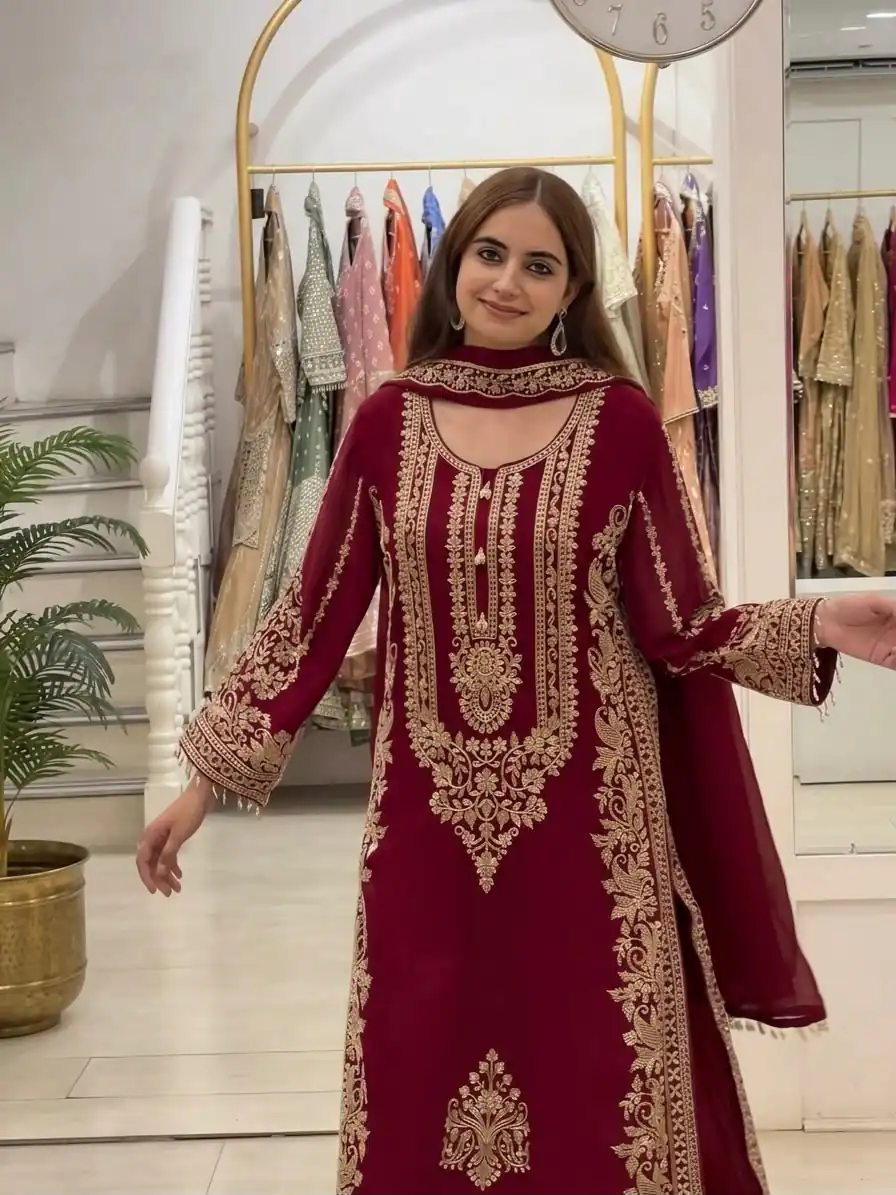 SR 1716 Maroon Colour Faux Georgette Salwar Suit with Lace Work. Introductory Price ₹2449. Delivery 4-6 Working Days. Shop now. | Jump Suits, Salwar suit, Designer Suits, Casual Suits, Creative suits, Palazzo Suits, Party Wear Suits, Patiala Suits, Straight Suits
