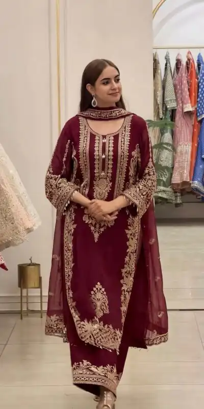 SR 1716 Maroon Colour Faux Georgette Salwar Suit with Lace Work. Introductory Price ₹2449. Delivery 4-6 Working Days. Shop now. | Jump Suits, Salwar suit, Designer Suits, Casual Suits, Creative suits, Palazzo Suits, Party Wear Suits, Patiala Suits, Straight Suits