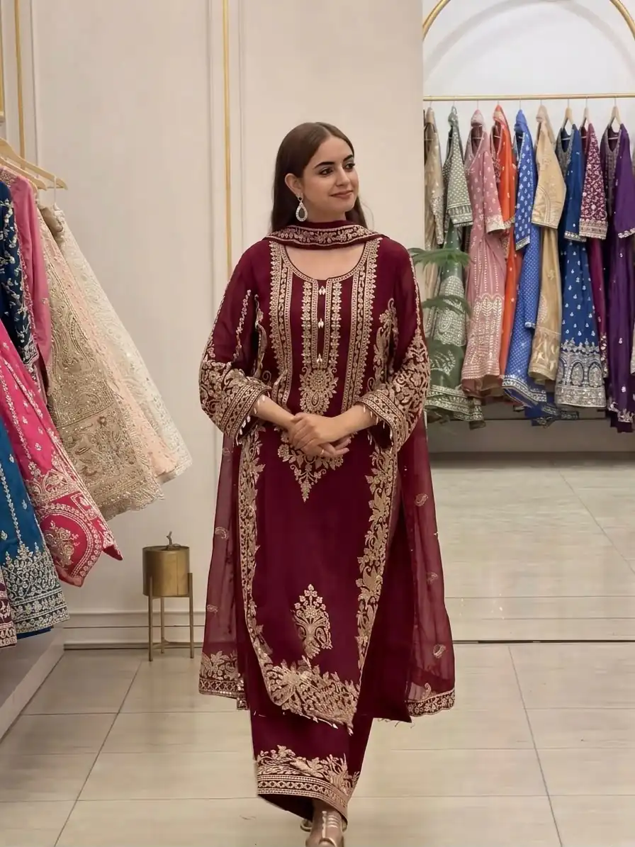 SR 1716 Maroon Colour Faux Georgette Salwar Suit with Lace Work. Introductory Price ₹2449. Delivery 4-6 Working Days. Shop now. | Jump Suits, Salwar suit, Designer Suits, Casual Suits, Creative suits, Palazzo Suits, Party Wear Suits, Patiala Suits, Straight Suits