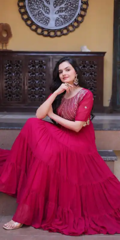 KA 1255 Pink Faux Blooming Gown with Embroidery Work & Zari Work. Available at ₹1719 only. Delivery 4-6 Working Days. Shop now. | Gowns, Bollywood Gowns, Creative Gowns, Designer Gowns, Embroidered Gowns, Party Wear Gowns