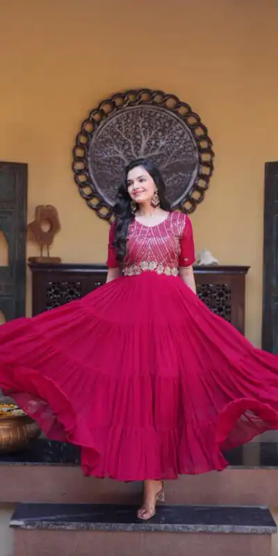 KA 1255 Pink Faux Blooming Gown with Embroidery Work & Zari Work. Available at ₹1719 only. Delivery 4-6 Working Days. Shop now. | Gowns, Bollywood Gowns, Creative Gowns, Designer Gowns, Embroidered Gowns, Party Wear Gowns