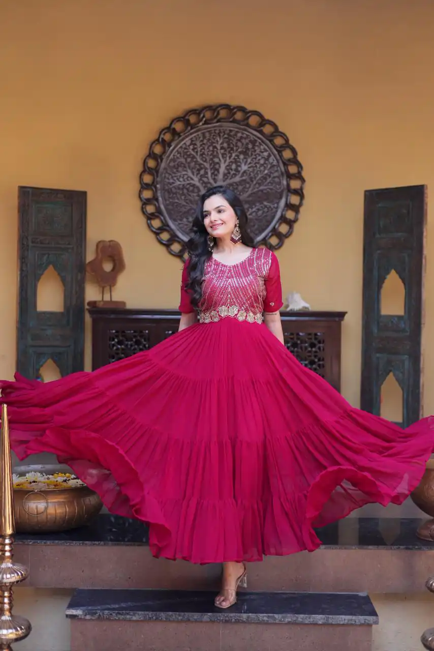 KA 1255 Pink Faux Blooming Gown with Embroidery Work & Zari Work. Available at ₹1719 only. Delivery 4-6 Working Days. Shop now. | Gowns, Bollywood Gowns, Creative Gowns, Designer Gowns, Embroidered Gowns, Party Wear Gowns
