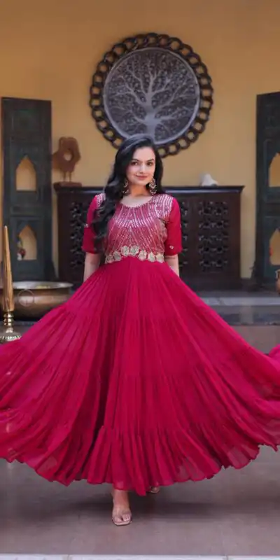 KA 1255 Pink Faux Blooming Gown with Embroidery Work & Zari Work. Available at ₹1719 only. Delivery 4-6 Working Days. Shop now. | Gowns, Bollywood Gowns, Creative Gowns, Designer Gowns, Embroidered Gowns, Party Wear Gowns
