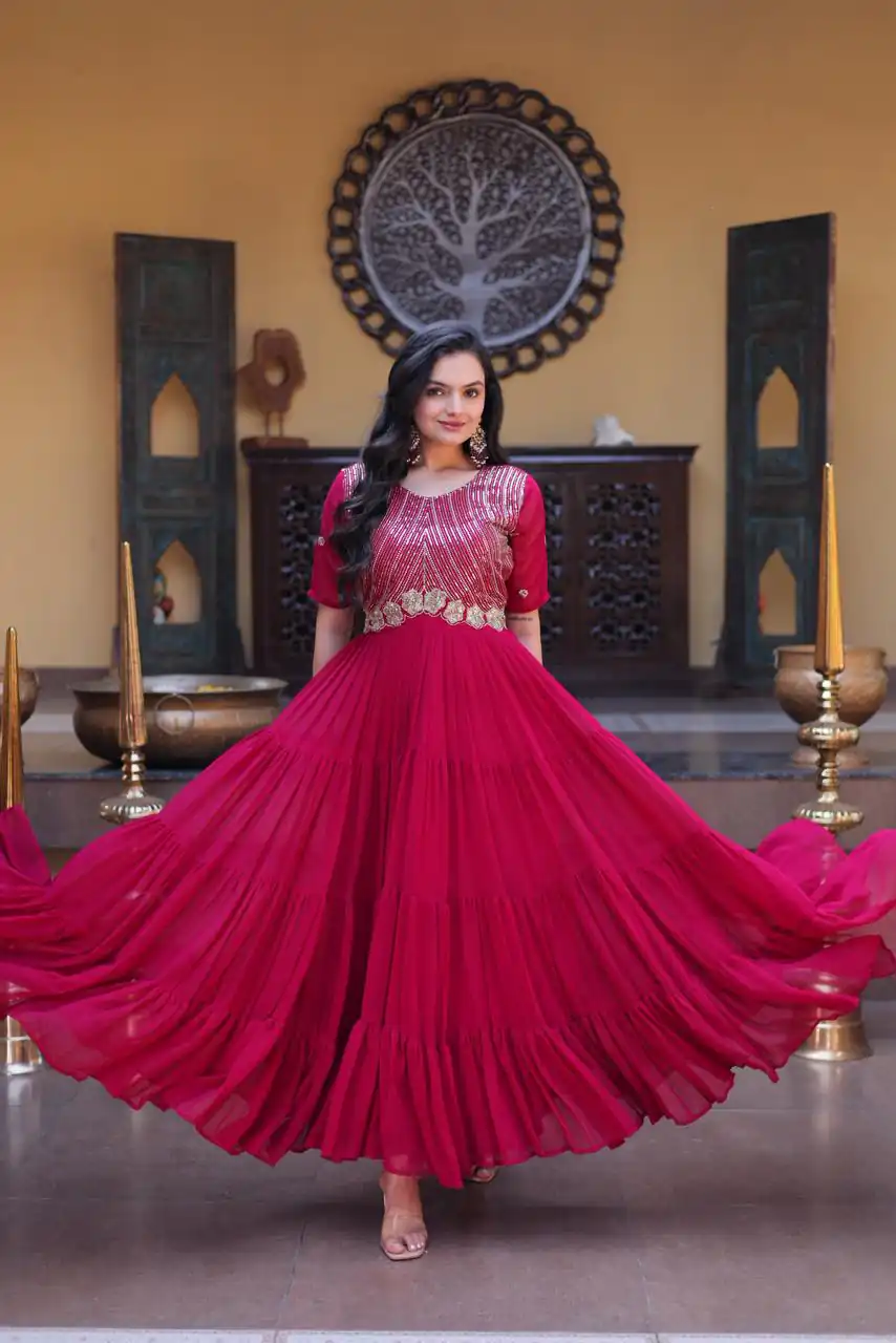 KA 1255 Pink Faux Blooming Gown with Embroidery Work & Zari Work. Available at ₹1719 only. Delivery 4-6 Working Days. Shop now. | Gowns, Bollywood Gowns, Creative Gowns, Designer Gowns, Embroidered Gowns, Party Wear Gowns