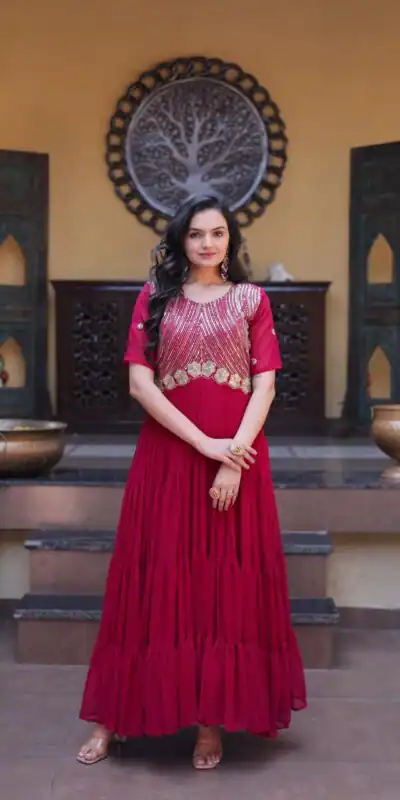 KA 1255 Pink Faux Blooming Gown with Embroidery Work & Zari Work. Available at ₹1719 only. Delivery 4-6 Working Days. Shop now. | Gowns, Bollywood Gowns, Creative Gowns, Designer Gowns, Embroidered Gowns, Party Wear Gowns
