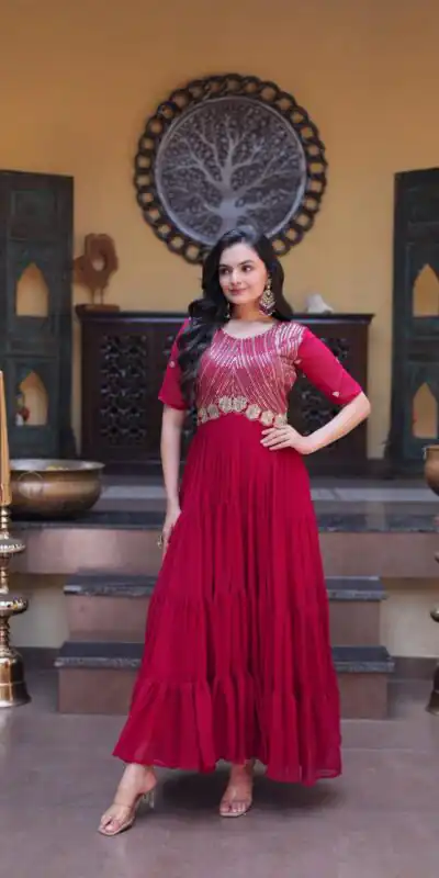 KA 1255 Pink Faux Blooming Gown with Embroidery Work & Zari Work. Available at ₹1719 only. Delivery 4-6 Working Days. Shop now. | Gowns, Bollywood Gowns, Creative Gowns, Designer Gowns, Embroidered Gowns, Party Wear Gowns