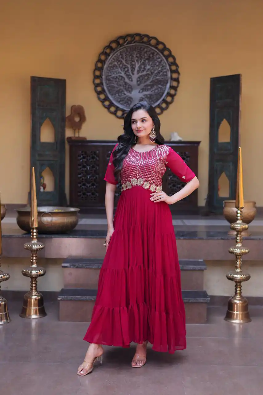 KA 1255 Pink Faux Blooming Gown with Embroidery Work & Zari Work. Available at ₹1719 only. Delivery 4-6 Working Days. Shop now. | Gowns, Bollywood Gowns, Creative Gowns, Designer Gowns, Embroidered Gowns, Party Wear Gowns