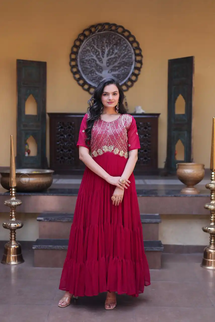 KA 1255 Pink Faux Blooming Gown with Embroidery Work & Zari Work. Available at ₹1719 only. Delivery 4-6 Working Days. Shop now. | Gowns, Bollywood Gowns, Creative Gowns, Designer Gowns, Embroidered Gowns, Party Wear Gowns