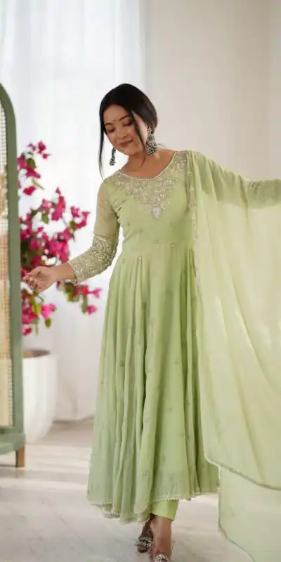 ZF 5012 Pista Blooming Faux Gown with Embroidery Work. Wedding, Party, Festive, Events Grab it for ₹2149. Delivery 4-6 Working Days. Shop now. | Anarkali Suits, Bollywood Anarkali, Creative-Anarkali, Designer Anarkali, Embroidered Anarkali, Party Wear Anarkali