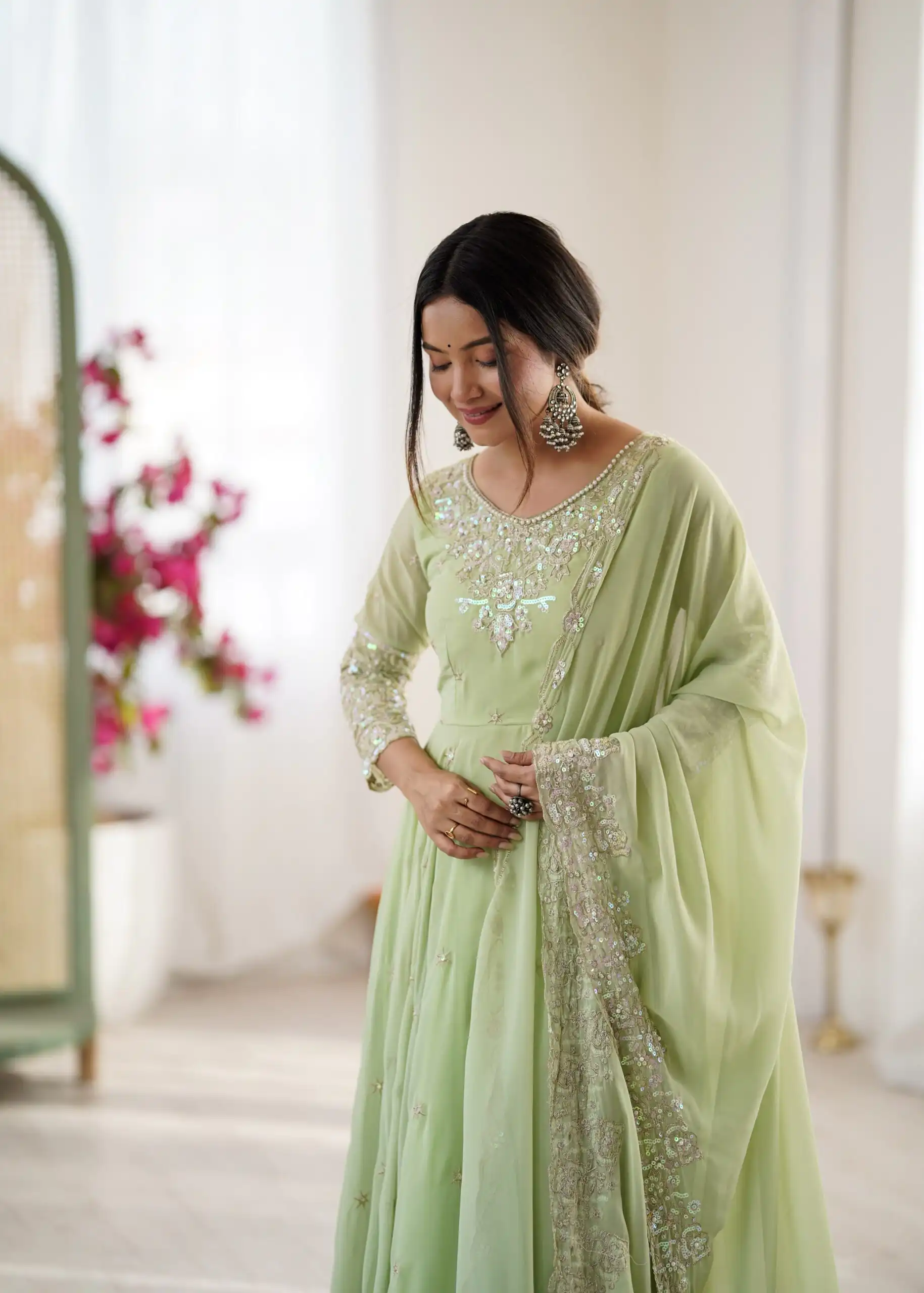 ZF 5012 Pista Blooming Faux Gown with Embroidery Work. Wedding, Party, Festive, Events Grab it for ₹2149. Delivery 4-6 Working Days. Shop now. | Anarkali Suits, Bollywood Anarkali, Creative-Anarkali, Designer Anarkali, Embroidered Anarkali, Party Wear Anarkali