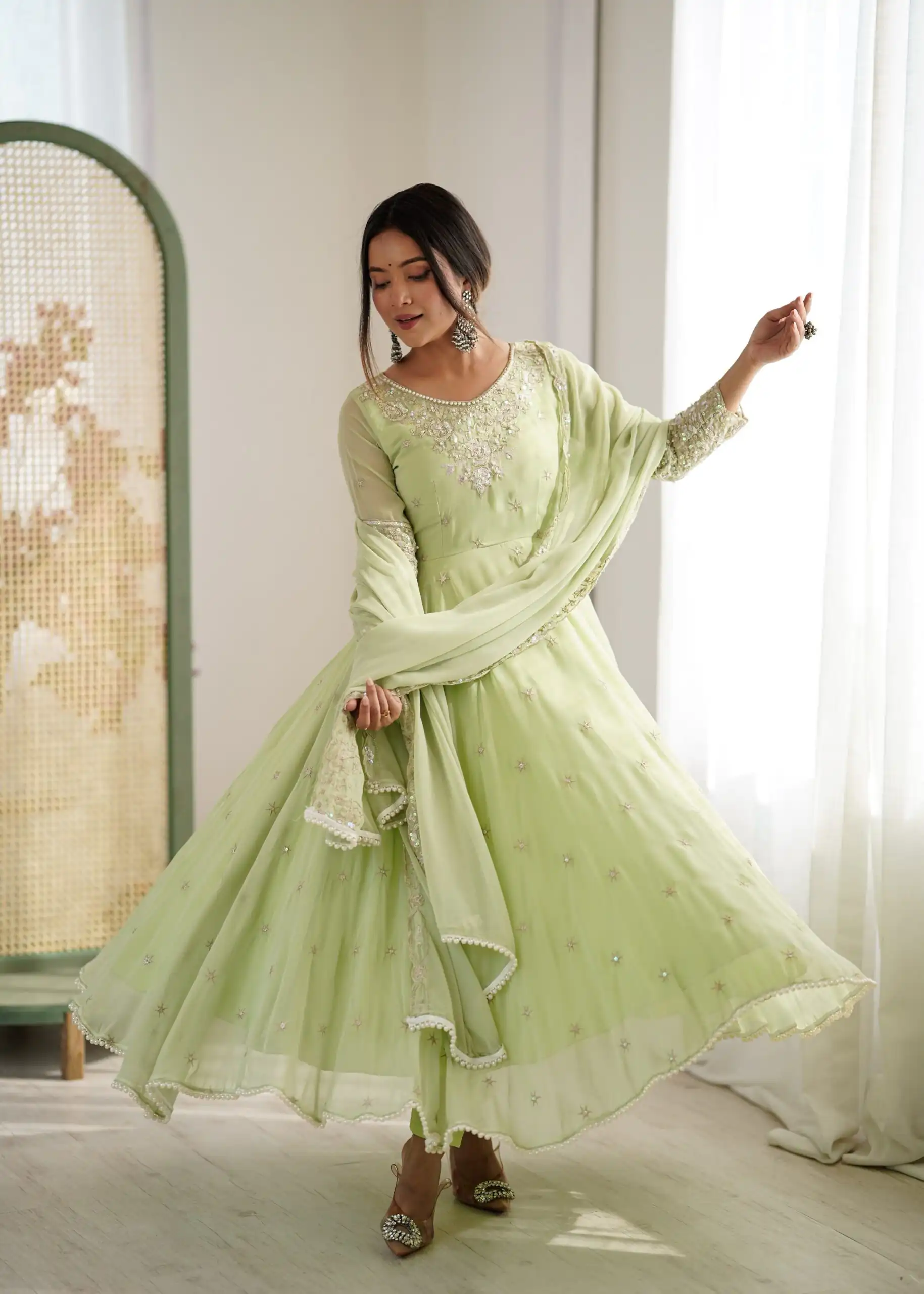 ZF 5012 Pista Blooming Faux Gown with Embroidery Work. Wedding, Party, Festive, Events Grab it for ₹2149. Delivery 4-6 Working Days. Shop now. | Anarkali Suits, Bollywood Anarkali, Creative-Anarkali, Designer Anarkali, Embroidered Anarkali, Party Wear Anarkali