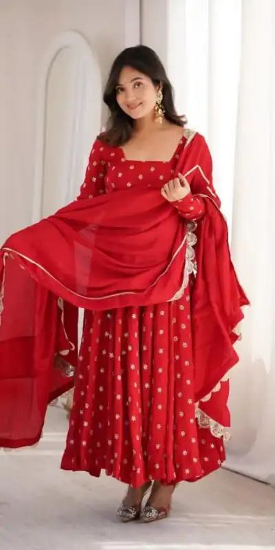 KD 1630 Red Zari Work & Embroidery Work Salwar Suit in Red Chinon Silk. Grab it for ₹2499. Delivery 4-6 Working Days. Shop now. | Anarkali Suits, Bollywood Anarkali, Creative-Anarkali, Designer Anarkali, Embroidered Anarkali, Party Wear Anarkali, Salwar suit