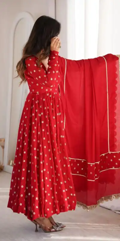 KD 1630 Red Zari Work & Embroidery Work Salwar Suit in Red Chinon Silk. Grab it for ₹2499. Delivery 4-6 Working Days. Shop now. | Anarkali Suits, Bollywood Anarkali, Creative-Anarkali, Designer Anarkali, Embroidered Anarkali, Party Wear Anarkali, Salwar suit