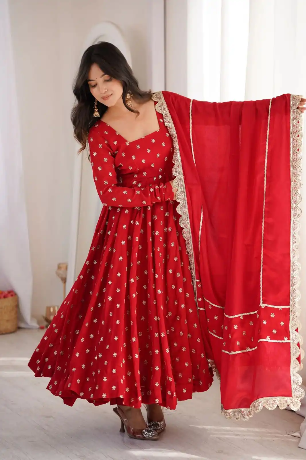 KD 1630 Red Zari Work & Embroidery Work Salwar Suit in Red Chinon Silk. Grab it for ₹2499. Delivery 4-6 Working Days. Shop now. | Anarkali Suits, Bollywood Anarkali, Creative-Anarkali, Designer Anarkali, Embroidered Anarkali, Party Wear Anarkali, Salwar suit