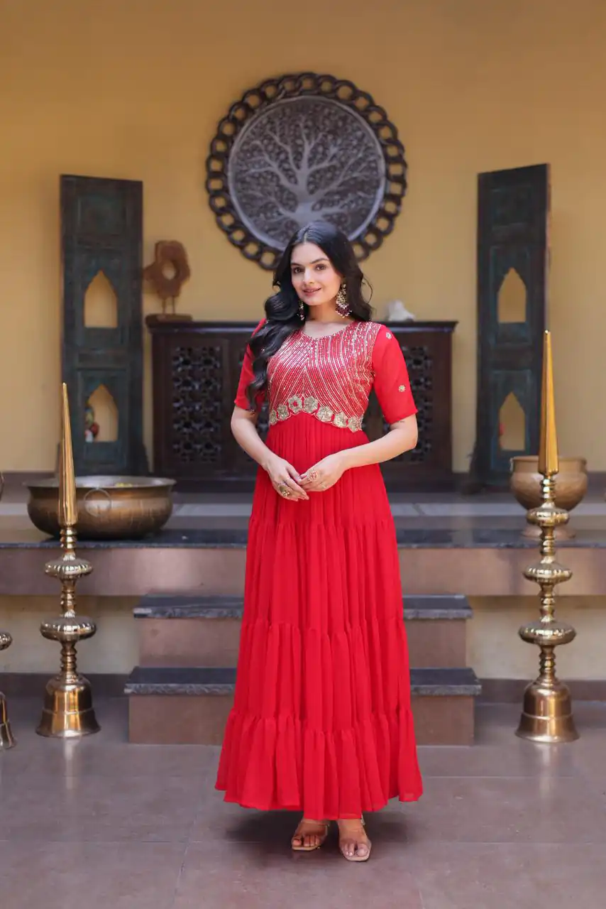 KA 1255 Red Faux Blooming Gown with Embroidery Work & Zari Work. Available at ₹1719 only. Delivery 4-6 Working Days. Shop now. | Gowns, Bollywood Gowns, Creative Gowns, Designer Gowns, Embroidered Gowns, Party Wear Gowns