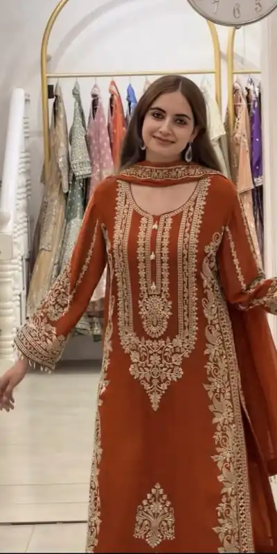 SR 1716 Rust Colour Faux Georgette Salwar Suit with Lace Work. Introductory Price ₹2449. Delivery 4-6 Working Days. Shop now. | Jump Suits, Salwar suit, Designer Suits, Casual Suits, Creative suits, Palazzo Suits, Party Wear Suits, Patiala Suits, Straight Suits
