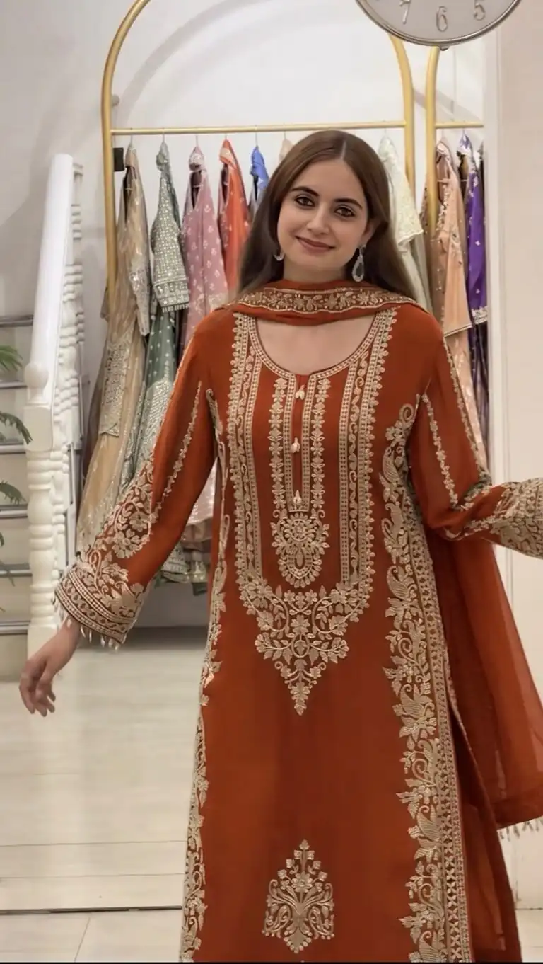 SR 1716 Rust Colour Faux Georgette Salwar Suit with Lace Work. Introductory Price ₹2449. Delivery 4-6 Working Days. Shop now. | Jump Suits, Salwar suit, Designer Suits, Casual Suits, Creative suits, Palazzo Suits, Party Wear Suits, Patiala Suits, Straight Suits