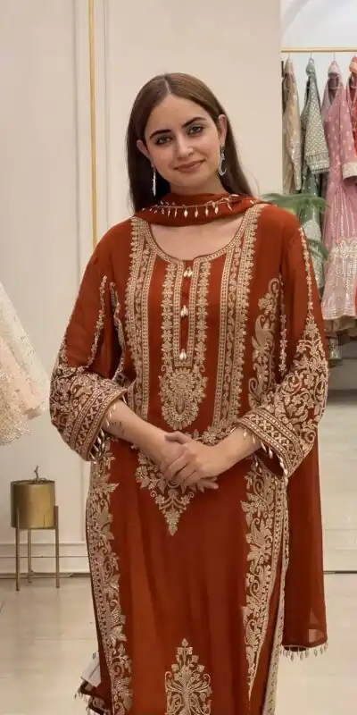 SR 1716 Rust Colour Faux Georgette Salwar Suit with Lace Work. Introductory Price ₹2449. Delivery 4-6 Working Days. Shop now. | Jump Suits, Salwar suit, Designer Suits, Casual Suits, Creative suits, Palazzo Suits, Party Wear Suits, Patiala Suits, Straight Suits