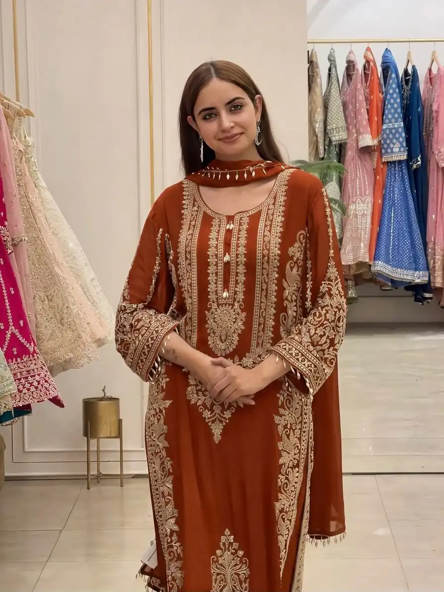 SR 1716 Rust Colour Faux Georgette Salwar Suit with Lace Work. Introductory Price ₹2449. Delivery 4-6 Working Days. Shop now. | Jump Suits, Salwar suit, Designer Suits, Casual Suits, Creative suits, Palazzo Suits, Party Wear Suits, Patiala Suits, Straight Suits