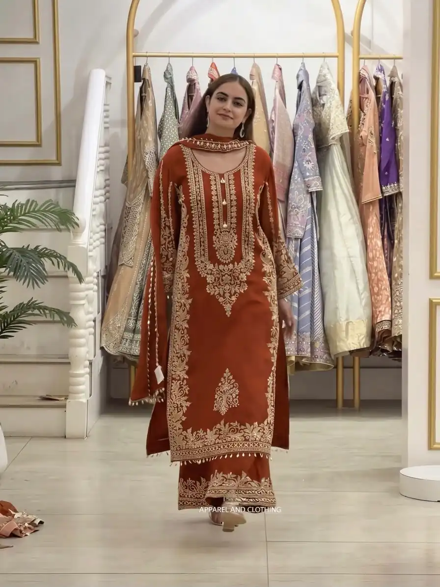 SR 1716 Rust Colour Faux Georgette Salwar Suit with Lace Work. Introductory Price ₹2449. Delivery 4-6 Working Days. Shop now. | Jump Suits, Salwar suit, Designer Suits, Casual Suits, Creative suits, Palazzo Suits, Party Wear Suits, Patiala Suits, Straight Suits