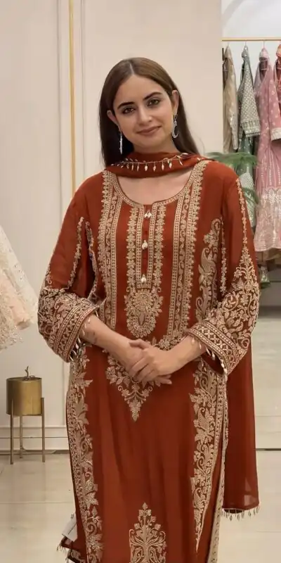 SR 1716 Rust Colour Faux Georgette Salwar Suit with Lace Work. Introductory Price ₹2449. Delivery 4-6 Working Days. Shop now. | Jump Suits, Salwar suit, Designer Suits, Casual Suits, Creative suits, Palazzo Suits, Party Wear Suits, Patiala Suits, Straight Suits