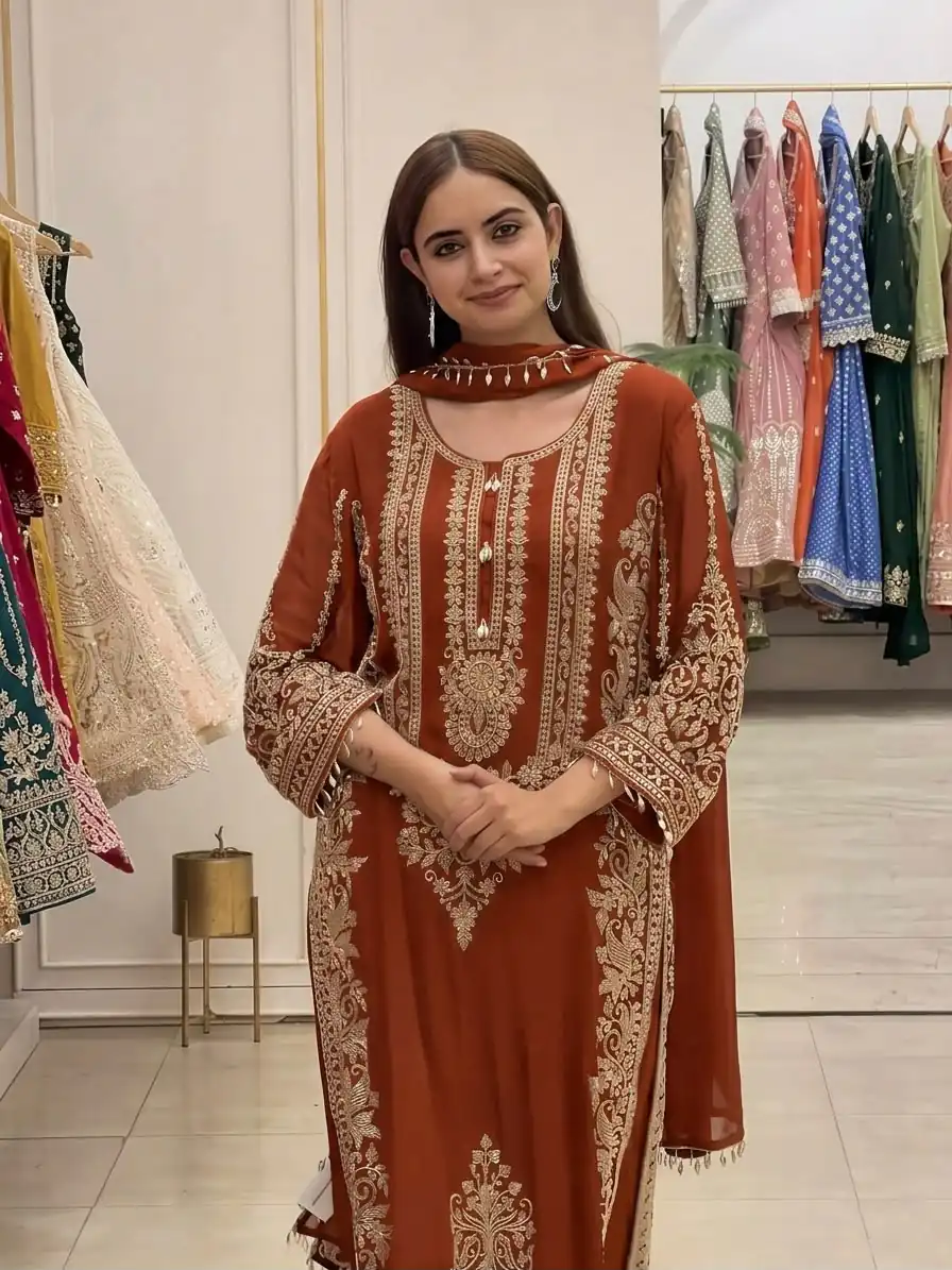 SR 1716 Rust Colour Faux Georgette Salwar Suit with Lace Work. Introductory Price ₹2449. Delivery 4-6 Working Days. Shop now. | Jump Suits, Salwar suit, Designer Suits, Casual Suits, Creative suits, Palazzo Suits, Party Wear Suits, Patiala Suits, Straight Suits