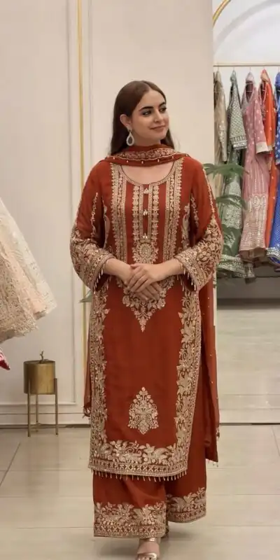 SR 1716 Rust Colour Faux Georgette Salwar Suit with Lace Work. Introductory Price ₹2449. Delivery 4-6 Working Days. Shop now. | Jump Suits, Salwar suit, Designer Suits, Casual Suits, Creative suits, Palazzo Suits, Party Wear Suits, Patiala Suits, Straight Suits