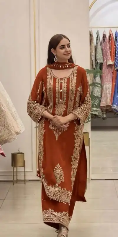 SR 1716 Rust Colour Faux Georgette Salwar Suit with Lace Work. Introductory Price ₹2449. Delivery 4-6 Working Days. Shop now. | Jump Suits, Salwar suit, Designer Suits, Casual Suits, Creative suits, Palazzo Suits, Party Wear Suits, Patiala Suits, Straight Suits