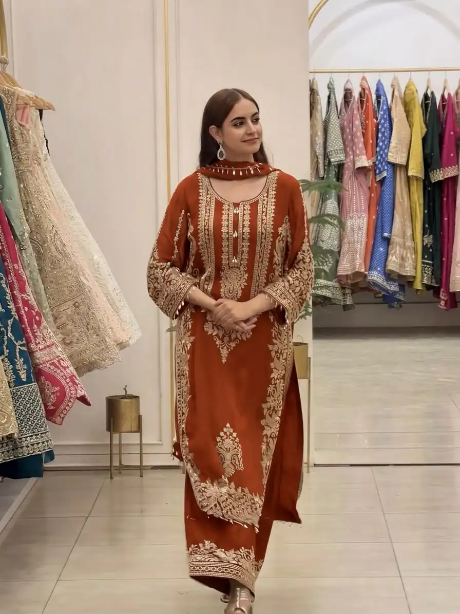 SR 1716 Rust Colour Faux Georgette Salwar Suit with Lace Work. Introductory Price ₹2449. Delivery 4-6 Working Days. Shop now. | Jump Suits, Salwar suit, Designer Suits, Casual Suits, Creative suits, Palazzo Suits, Party Wear Suits, Patiala Suits, Straight Suits