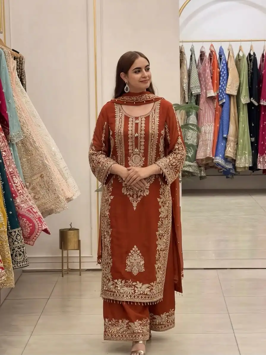 SR 1716 Rust Colour Faux Georgette Salwar Suit with Lace Work. Introductory Price ₹2449. Delivery 4-6 Working Days. Shop now. | Jump Suits, Salwar suit, Designer Suits, Casual Suits, Creative suits, Palazzo Suits, Party Wear Suits, Patiala Suits, Straight Suits