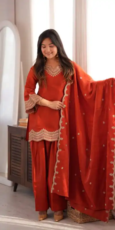KB 307 Rust in Glass Roman Silk. Sequins Work & Embroidery Work Salwar Suit Festive Deal ₹1999. Delivery 4-6 Working Days. Shop now. | Jump Suits, Salwar suit, Designer Suits, Casual Suits, Creative suits, Palazzo Suits, Party Wear Suits, Patiala Suits, Straight Suits