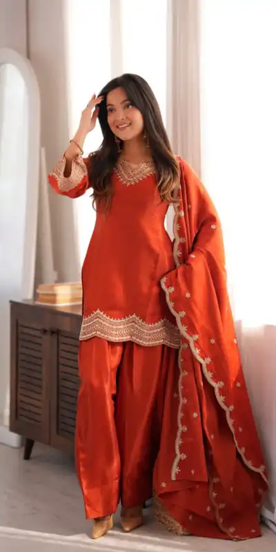 KB 307 Rust in Glass Roman Silk. Sequins Work & Embroidery Work Salwar Suit Festive Deal ā¹1999. Delivery 4-6 Working Days. Shop now. | Jump Suits, Salwar suit, Designer Suits, Casual Suits, Creative suits, Palazzo Suits, Party Wear Suits, Patiala Suits, Straight Suits