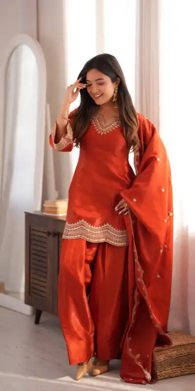 KB 307 Rust in Glass Roman Silk. Sequins Work & Embroidery Work Salwar Suit Festive Deal ₹1999. Delivery 4-6 Working Days. Shop now. | Jump Suits, Salwar suit, Designer Suits, Casual Suits, Creative suits, Palazzo Suits, Party Wear Suits, Patiala Suits, Straight Suits