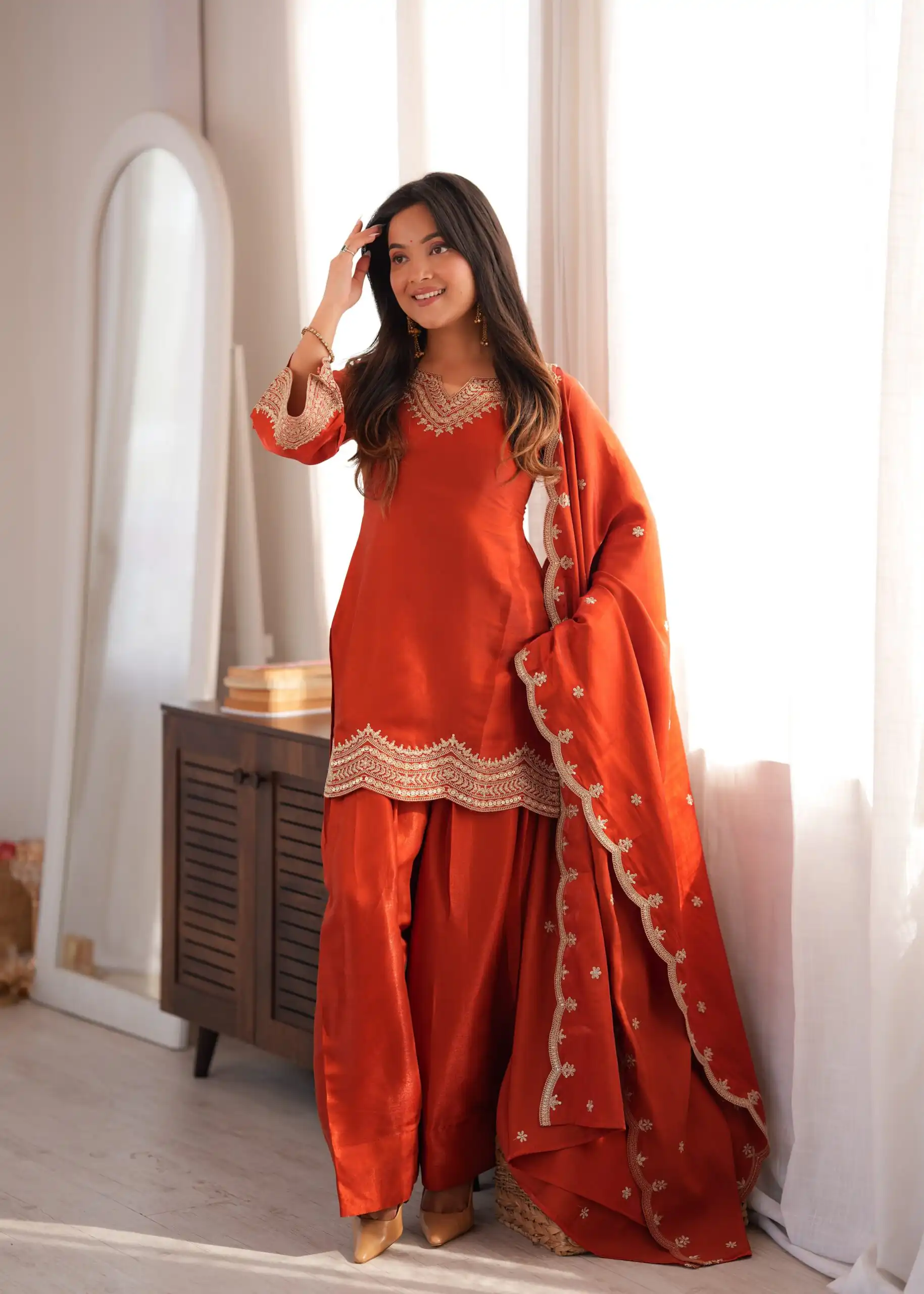 KB 307 Rust in Glass Roman Silk. Sequins Work & Embroidery Work Salwar Suit Festive Deal ₹1999. Delivery 4-6 Working Days. Shop now. | Jump Suits, Salwar suit, Designer Suits, Casual Suits, Creative suits, Palazzo Suits, Party Wear Suits, Patiala Suits, Straight Suits