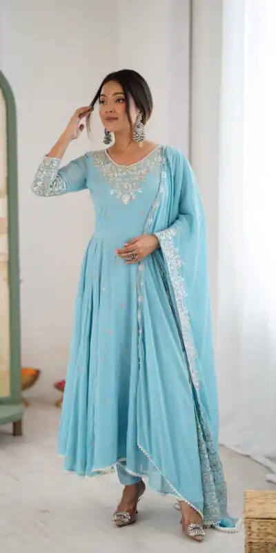 ZF 5012 Sky Blue Blooming Faux Gown with Embroidery Work. Wedding, Party, Festive, Events Grab it for ₹2149. Delivery 4-6 Working Days. Shop now. | Anarkali Suits, Bollywood Anarkali, Creative-Anarkali, Designer Anarkali, Embroidered Anarkali, Party Wear Anarkali
