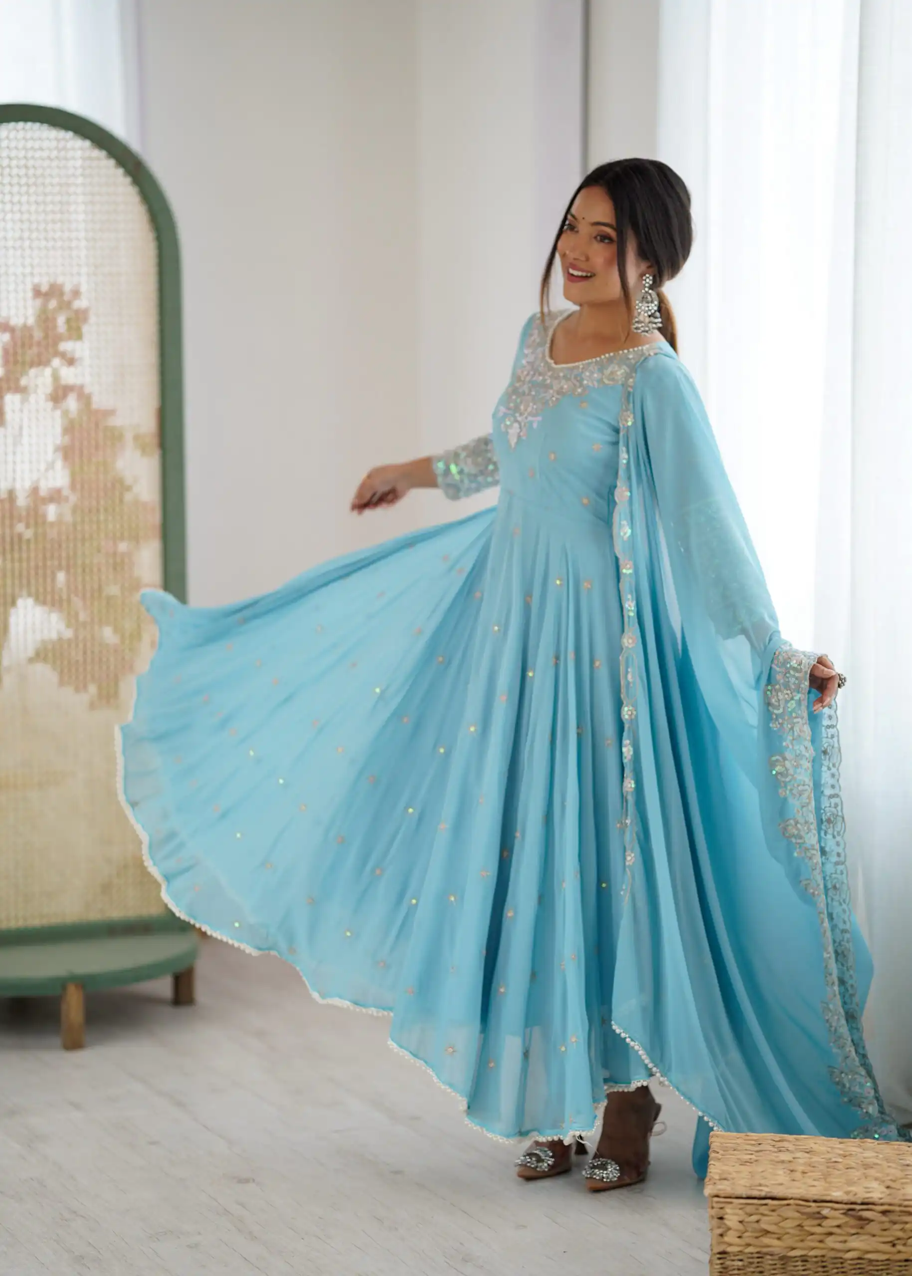 ZF 5012 Sky Blue Blooming Faux Gown with Embroidery Work. Wedding, Party, Festive, Events Grab it for ₹2149. Delivery 4-6 Working Days. Shop now. | Anarkali Suits, Bollywood Anarkali, Creative-Anarkali, Designer Anarkali, Embroidered Anarkali, Party Wear Anarkali