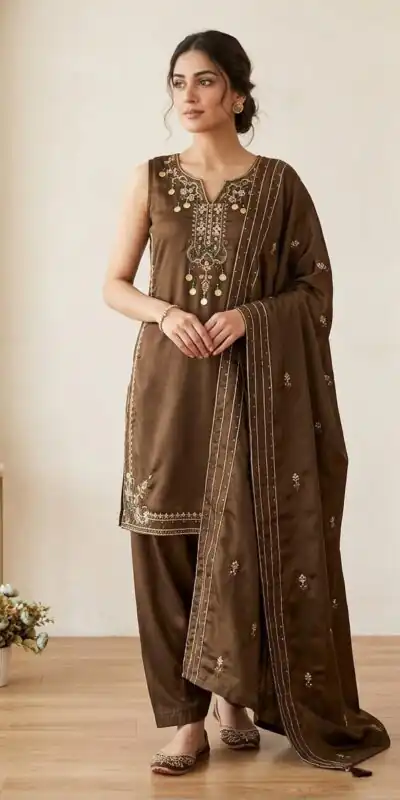 LG 2126 Brown Cos Moss Salwar Suit with Embroidery Work & Sequins Work. Affordable Price ₹2149. Delivery 4-6 Working Days. Shop now. | Jump Suits, Salwar suit, Designer Suits, Casual Suits, Creative suits, Palazzo Suits, Party Wear Suits, Patiala Suits, Straight Suits